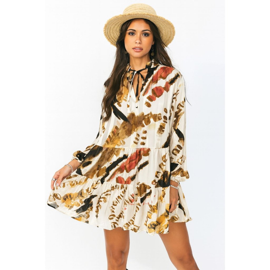 Nwt Beulah Style Abstract Artsy Empire Dress Balloon Sleeve Womens S Boho Indie